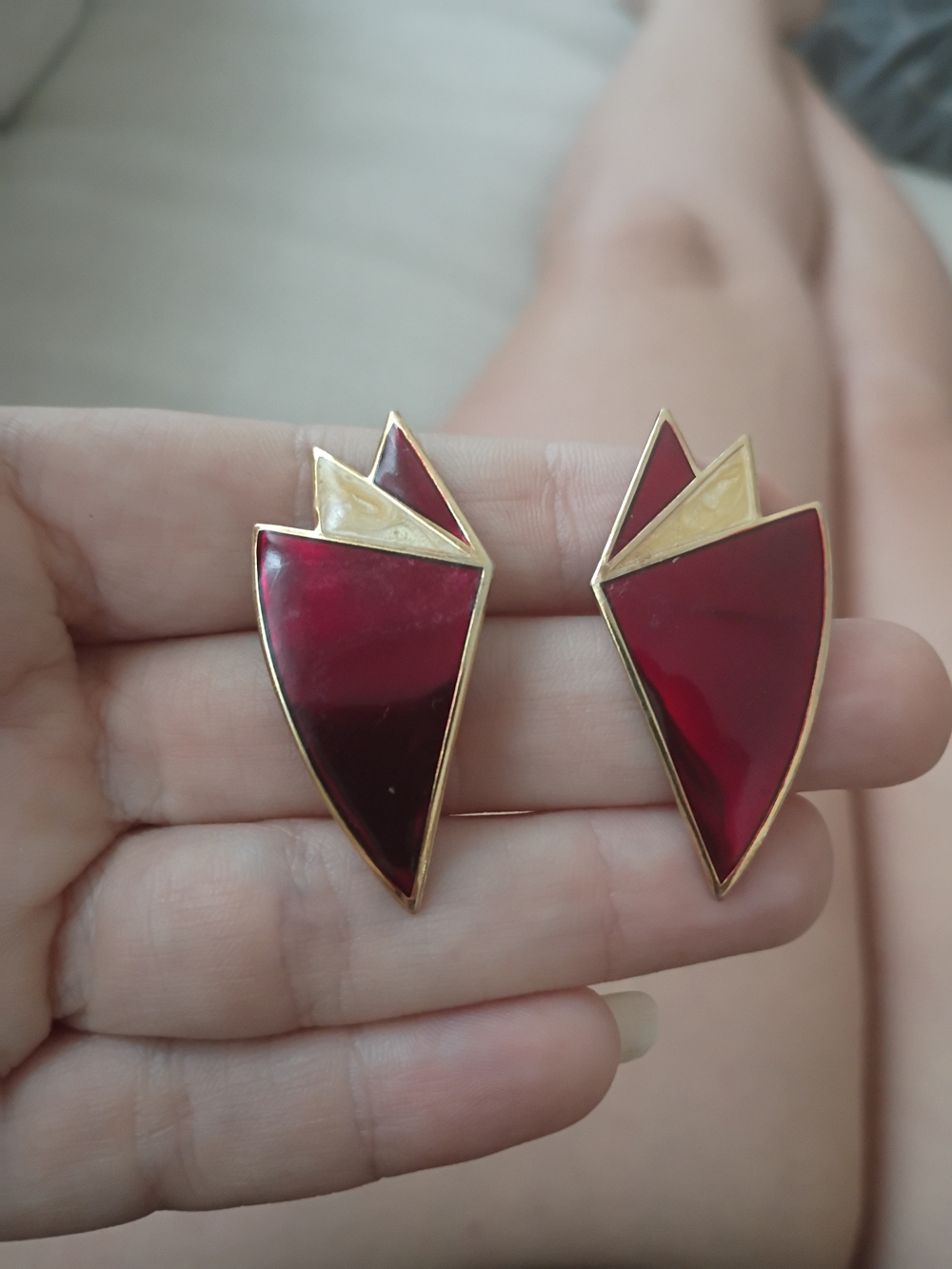 Vintage Gold & Red Geometric Drop Earrings - Women's Jewelry